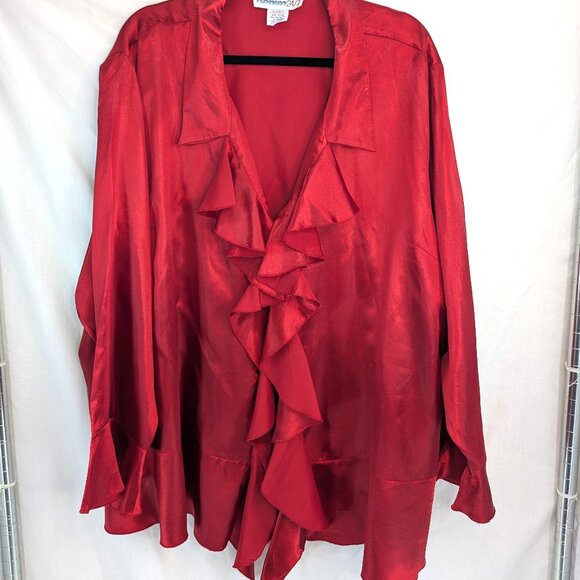 denim 24/7 Women Plus Size Red Blouse Tunic Ruffle Front Bell Sleeve Size 32W - Picture 1 of 10